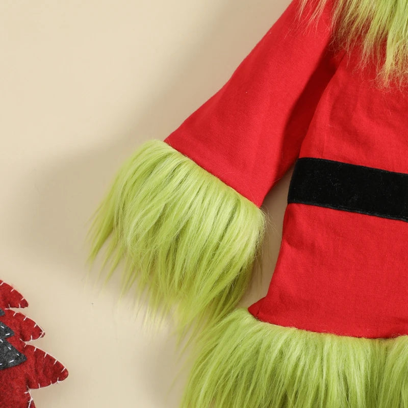 Kids Christmas Outfit Set - Furry Plush Patchwork Top & Elastic Waist Pants