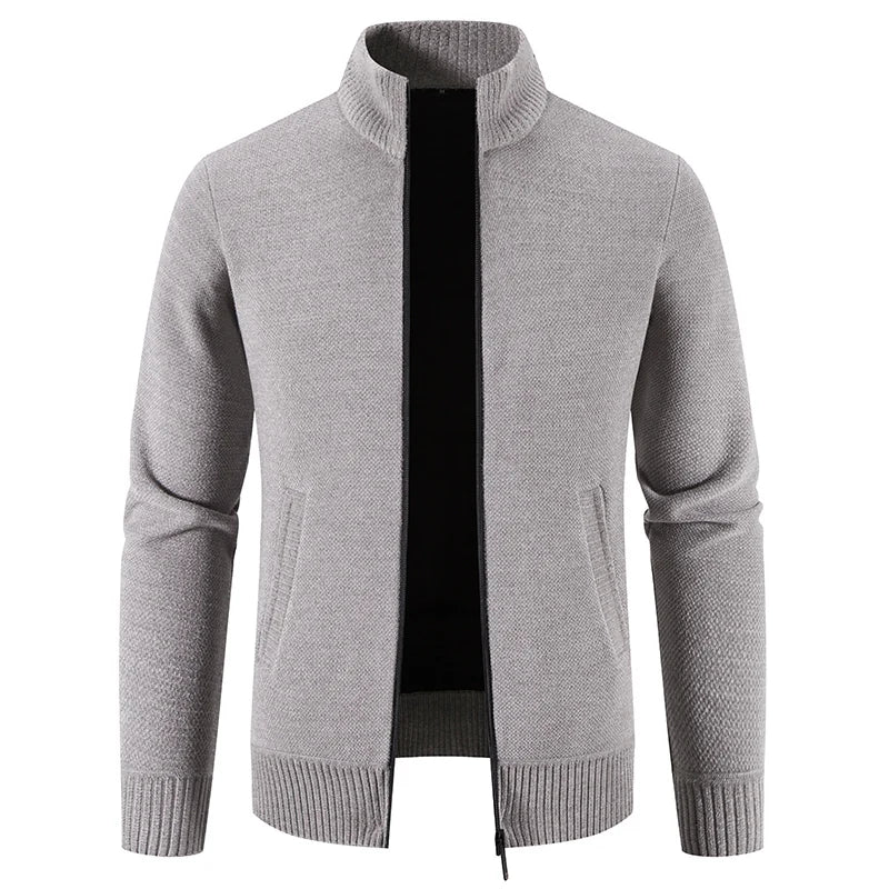 Men's Thick Knit Zip-Up Cardigan with Stand Collar