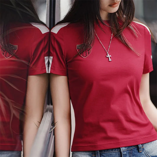 Women's Red Vintage Color-Block Sports T-Shirt - Embroidered Slim Fit Crew Neck Summer Tee