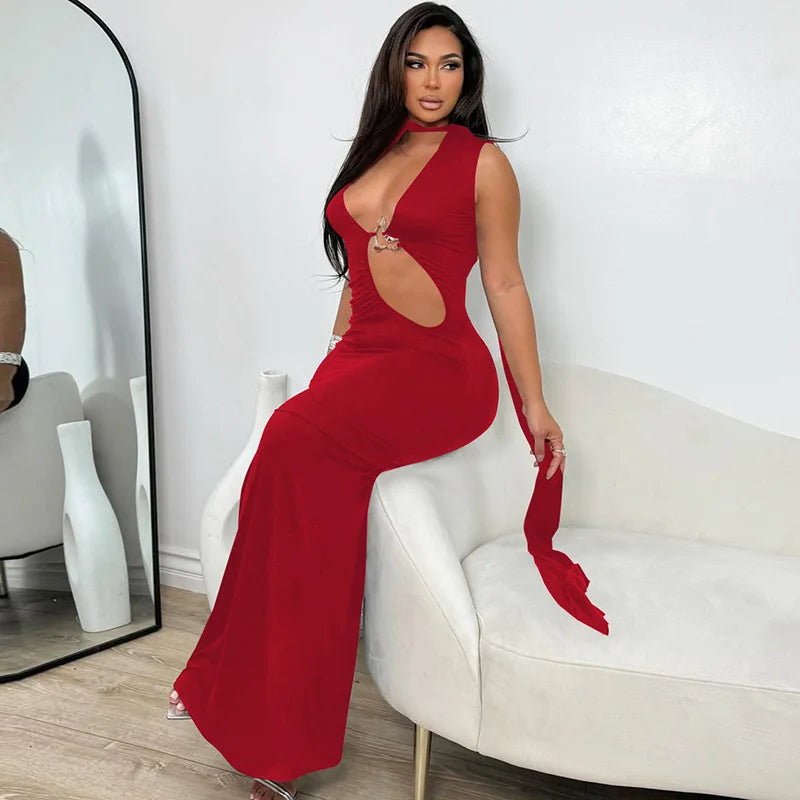 Women's Embellished Plunge Halter V Neck Maxi Outfit Club Party Cut Out Bodycon Dress