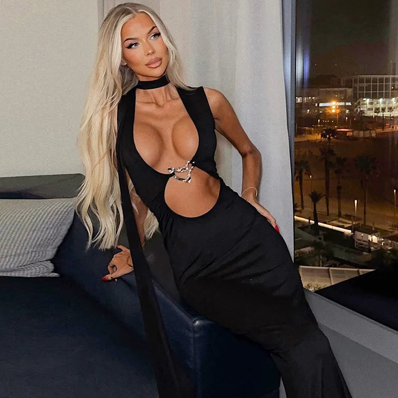 Women's Embellished Plunge Halter V Neck Maxi Outfit Club Party Cut Out Bodycon Dress
