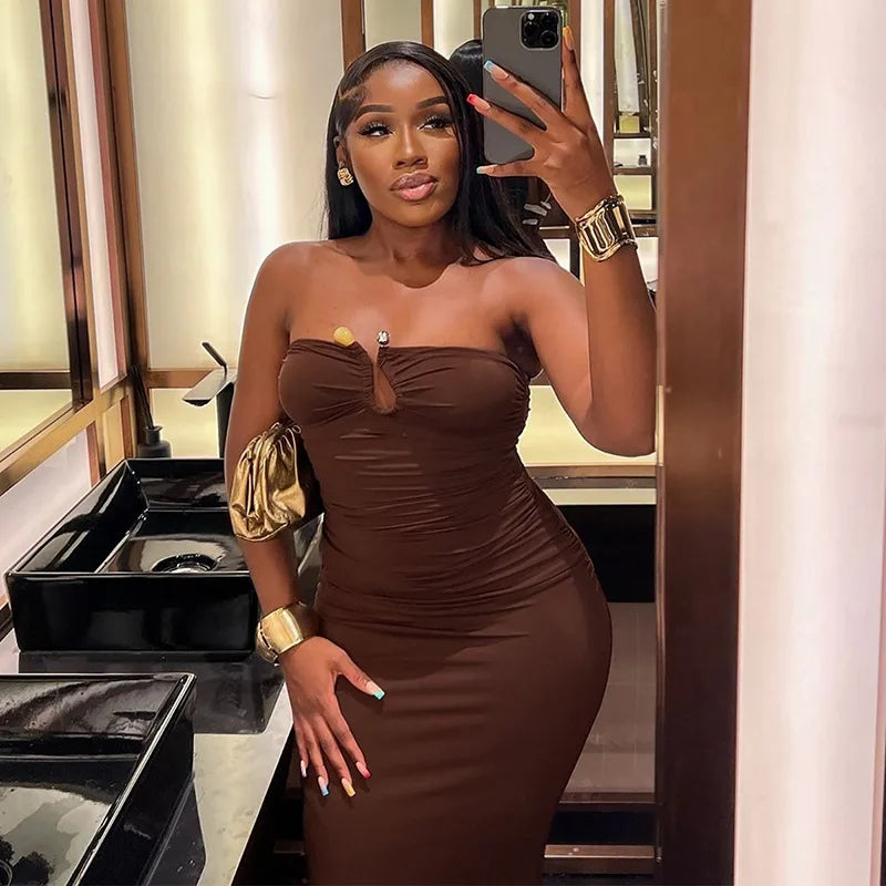 Women's U-neck Tube Top Pleated Bodycon Party Long Sleeveless Dress