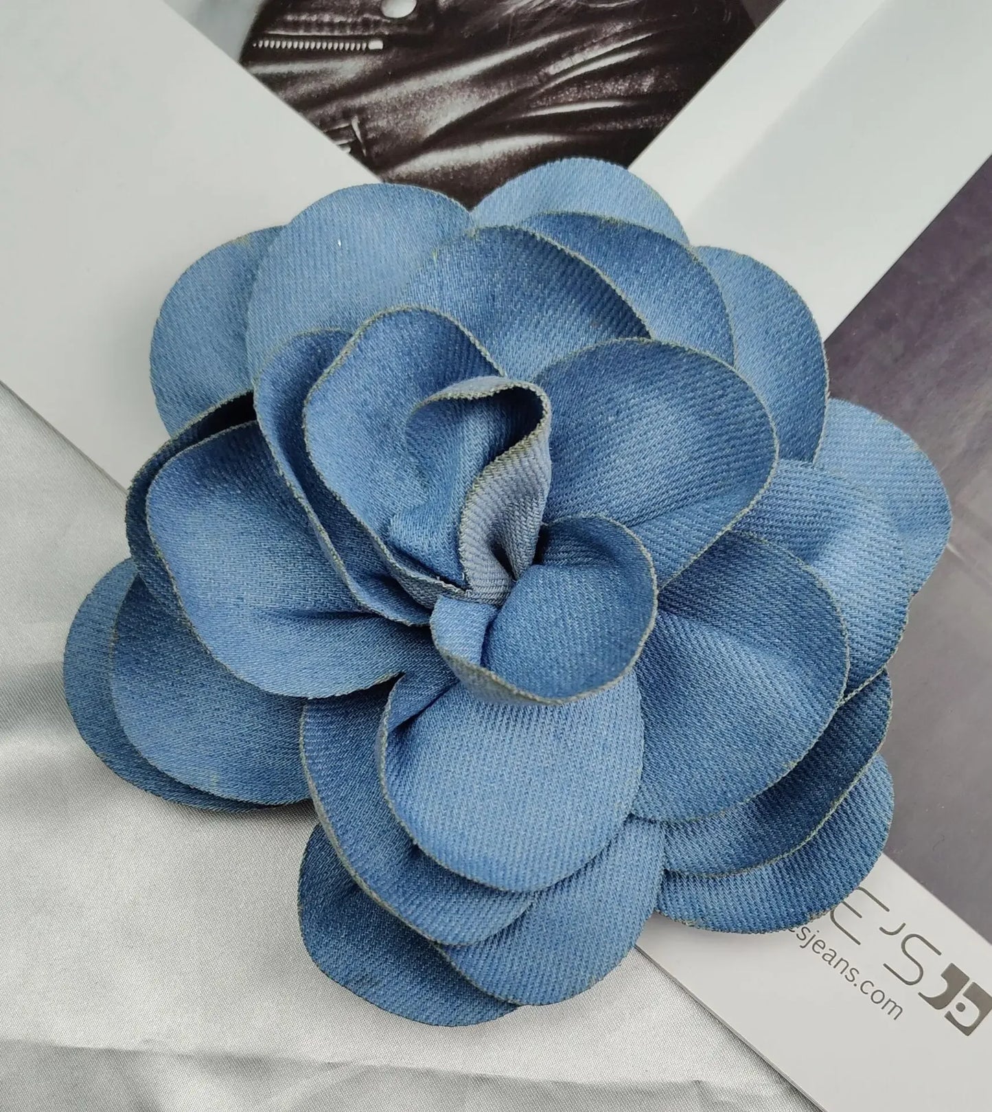 Handmade Denim Rose Flower Brooch - 15cm Fashion Corsage Lapel Pin