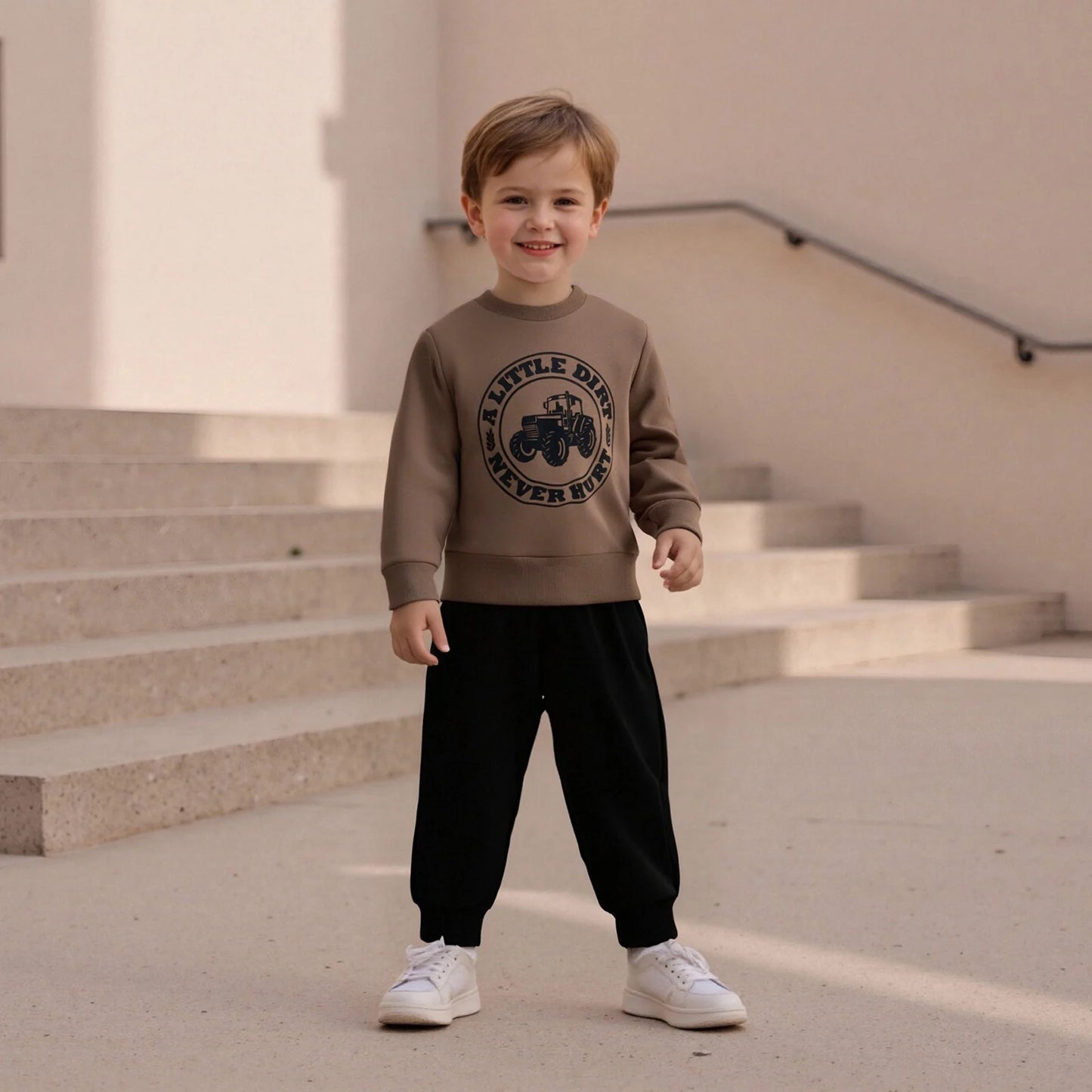 Baby Boys Autumn Winter Clothes Set - Long Sleeve Letters Printed Pullover Sweatshirt & Solid Color Pants