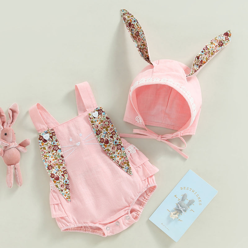 Easter Days Baby Girls Boys Romper 2pcs Cartoon Rabbit Floral Printed Sleeveless Bunny Ear Jumpsuit