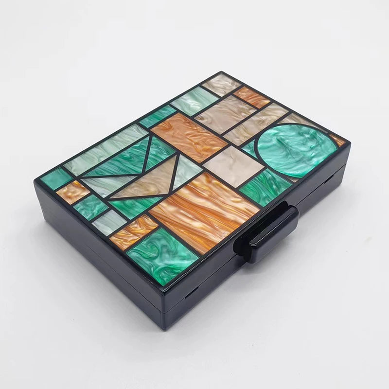 Luxury Acrylic Evening Bag - Chic Multicolour Patchwork Crossbody Clutch with Chain