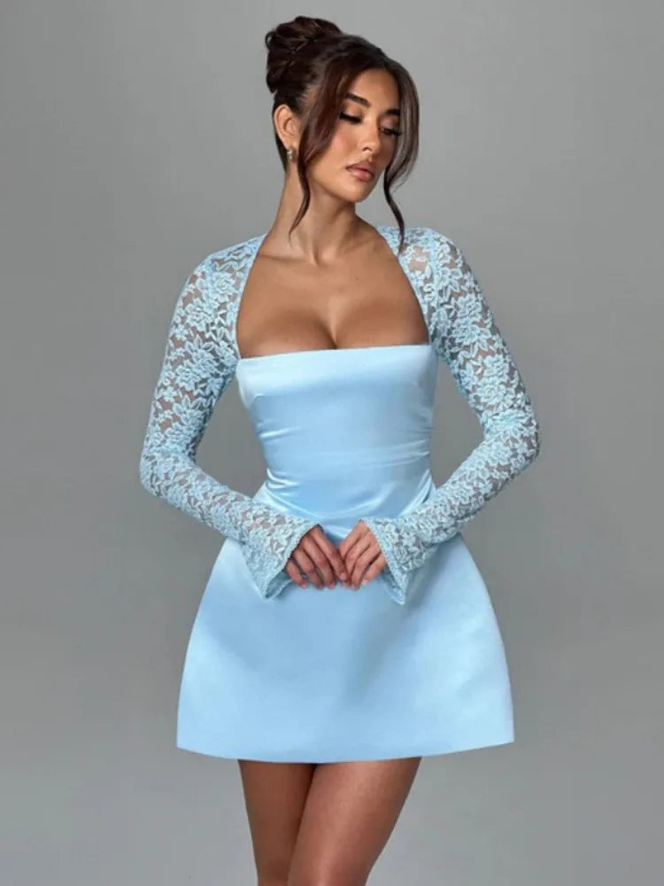 Women's Lace Long Sleeve Mini Square Collar Backless A-line High Waist Party Dress