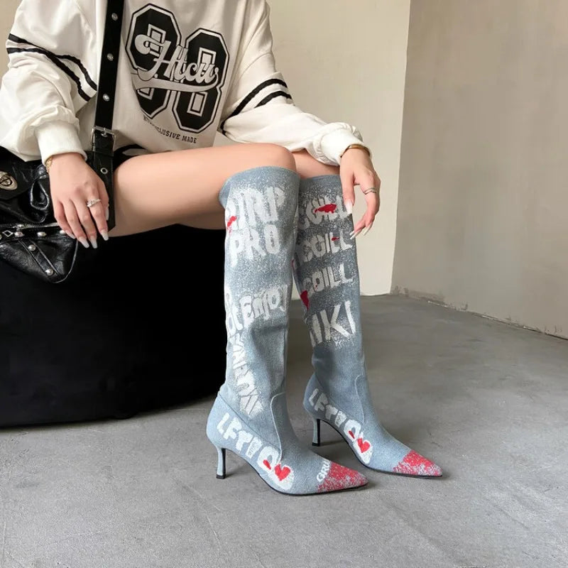 Women's 7cm Thin Heel Graffiti Folded Denim Boots