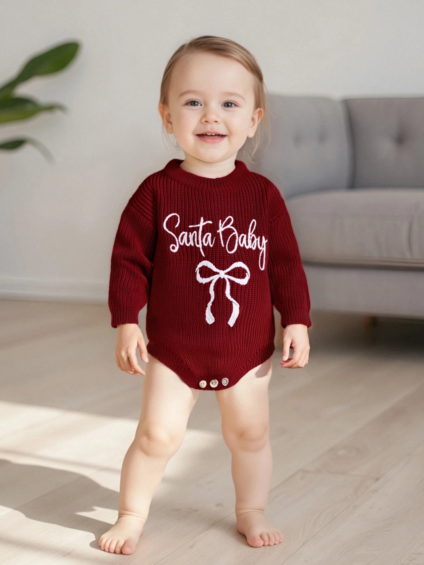 Baby Christmas Romper Sweater - Letter Bow Embroidery Ribbed Long Sleeve