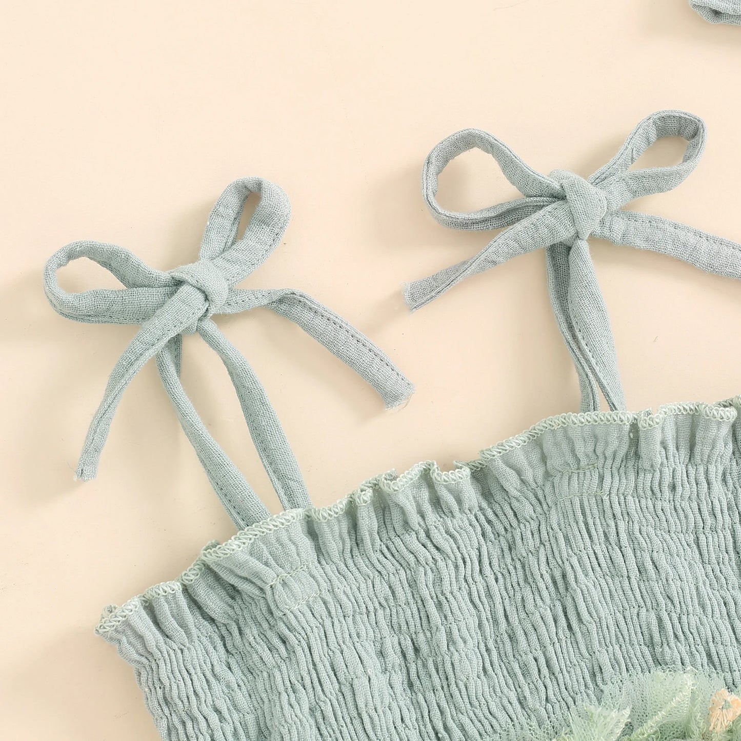 Baby Girls Flower Embroidered Tulle Romper Dress - Tie-Up Spaghetti Strap Jumpsuit with Headband (0-24M)