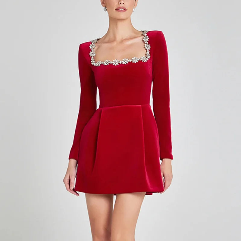 Women's Elegant Square Neck Diamond Short Velvet Two Pockets A-Line Long Sleeve Dress