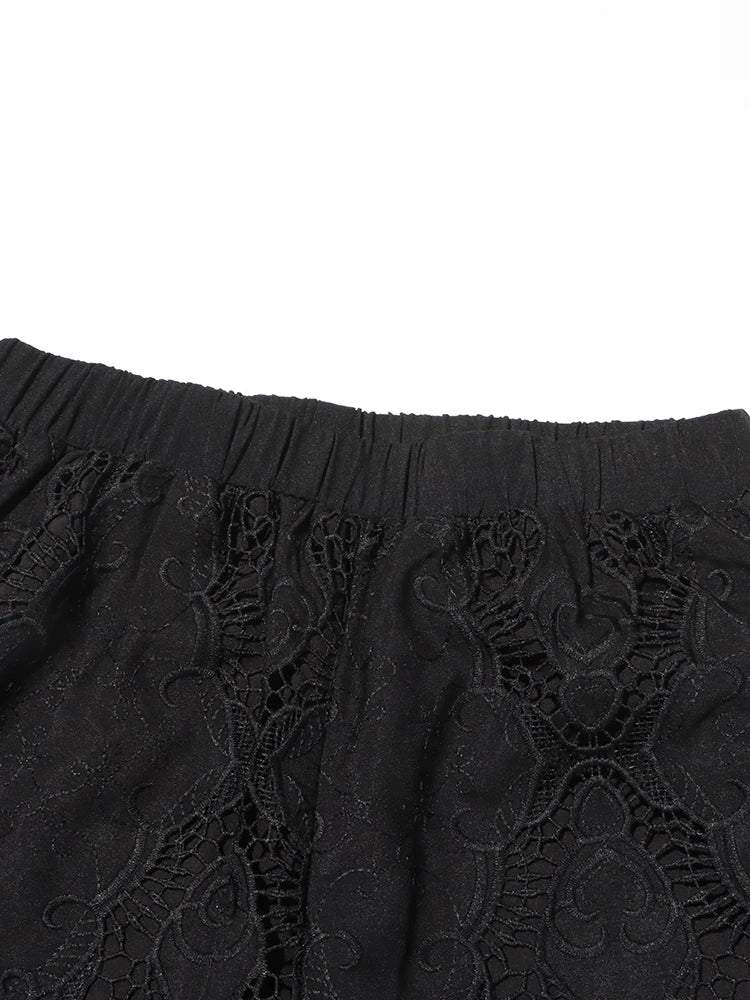 Women's Solid Hollow Out Two Piece Set - Stand Collar Sleeveless Top & Wide Leg Trousers