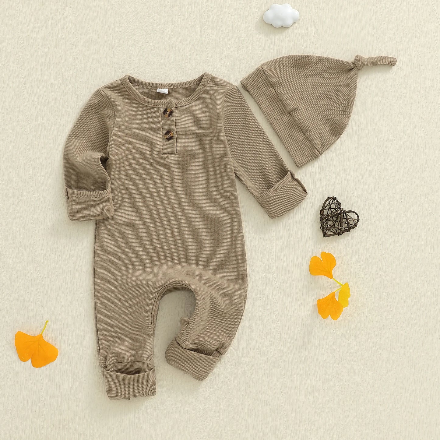 Newborn Baby Fall Winter Romper - Long Sleeve Solid Jumpsuit with Hat (0-6M)