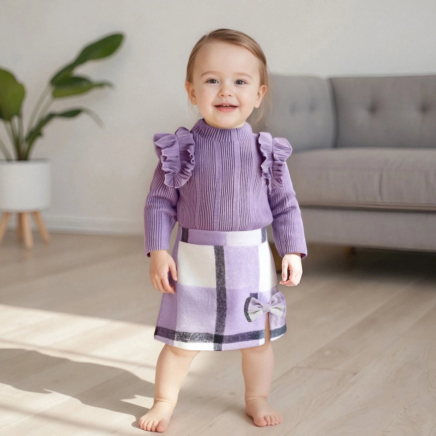 Girl's Skirt Set - Long Sleeve Crew Neck T-Shirt with Plaid Skirt