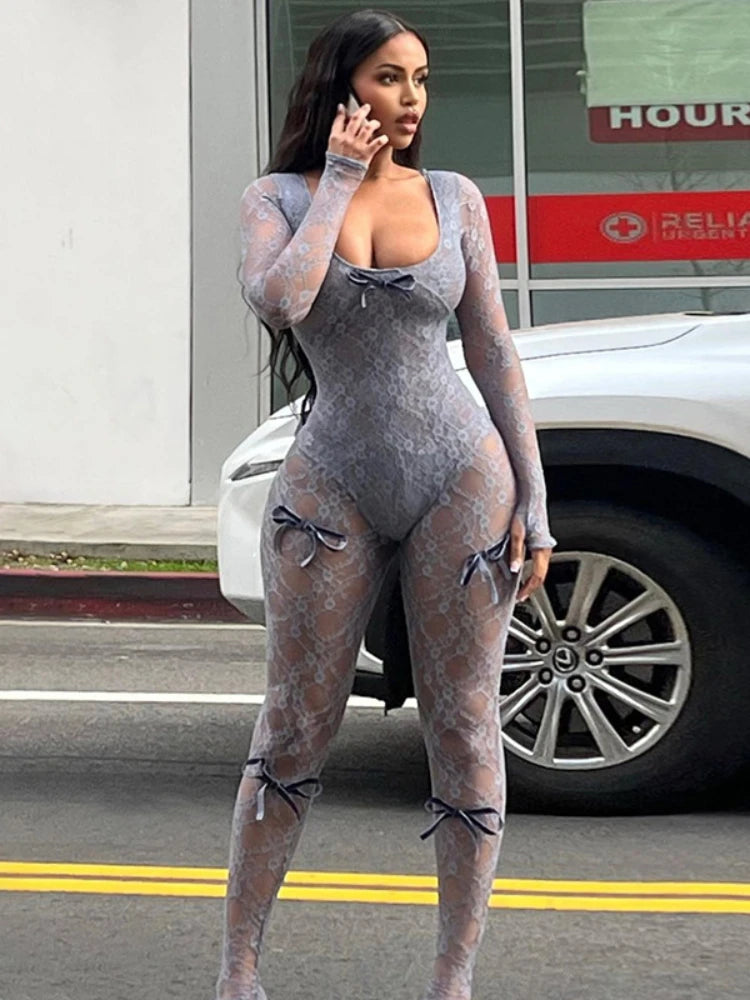 Women's See Through Mesh Jumpsuit Bow Splice Long Sleeve Bodycon One Piece