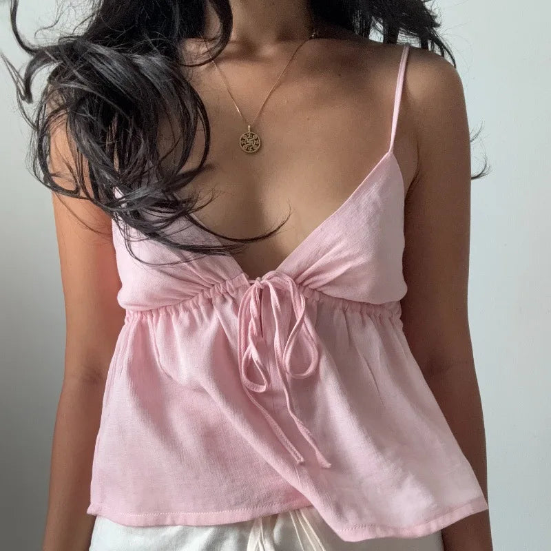 Y2K Camisole Crop Top - Backless Tie Front Top for Women