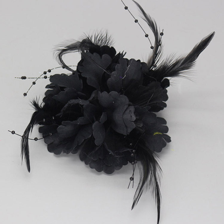 Handmade Fabric Flower Brooch - Pearl Feather Wedding Party Corsage