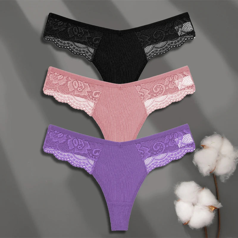 Cotton Lace Thongs - 3 Pack Low Waist Bikini Panties
