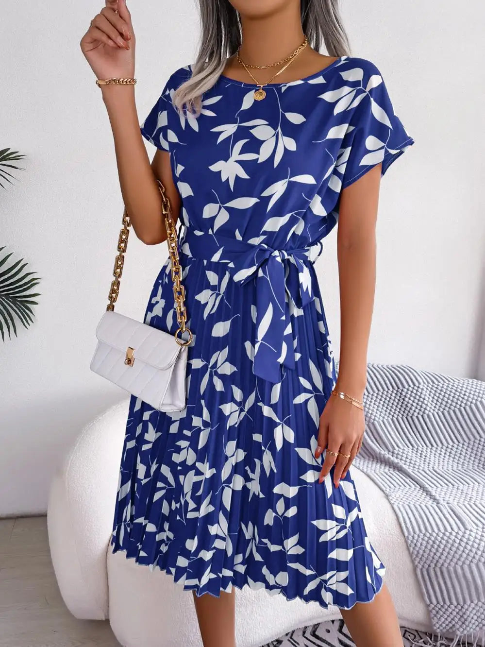 Women's Floral Pleated A Line Long Spring Summer Short Sleeve High Waist Chic Dress