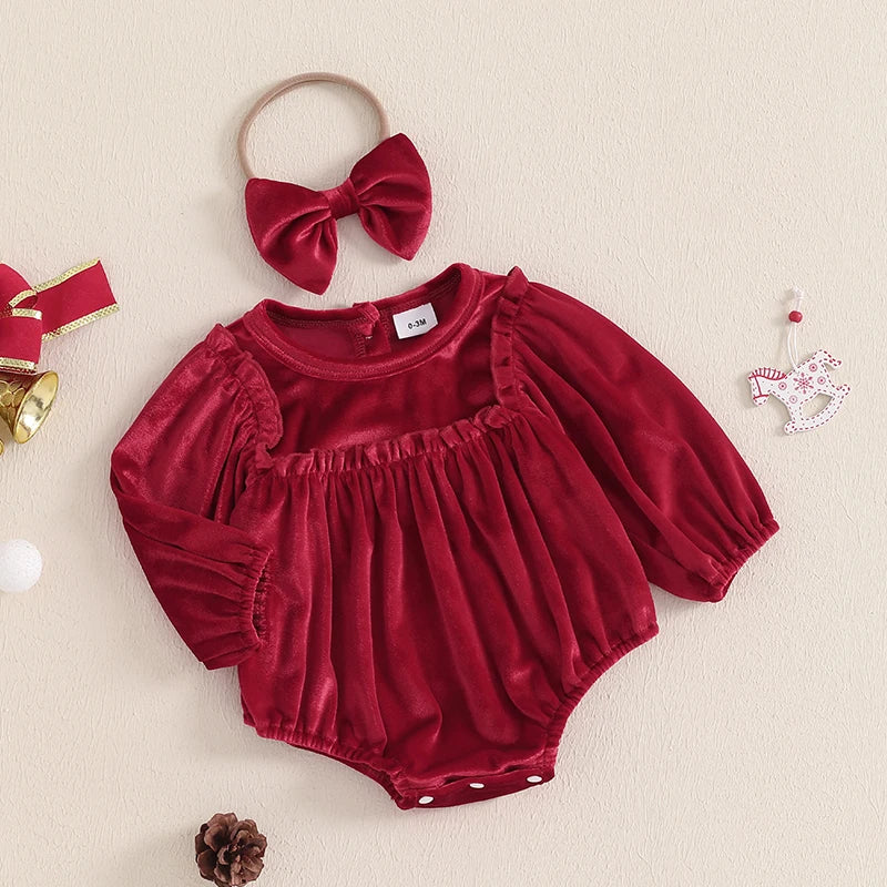 Baby Girl's Christmas Velvet Romper Set with Headband - Round Neck Long Sleeve