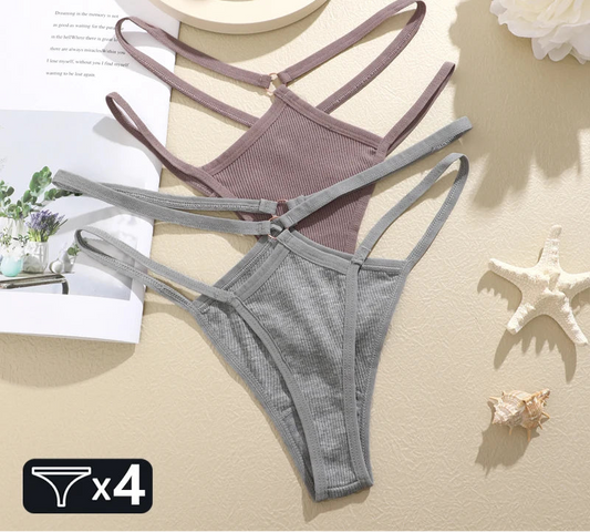 4-Pack Cotton Striped Thongs - Women's Low-Rise Breathable Underwear Set