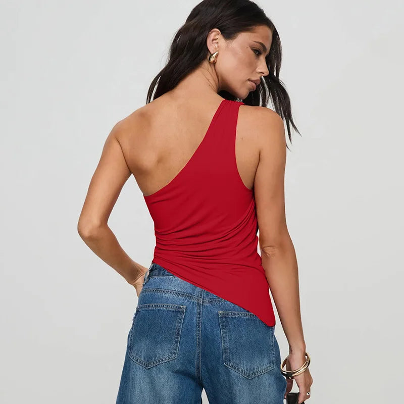 Women's Summer One Shoulder Backless Basic Asymmetrical Crop Top Tank Ruched Top