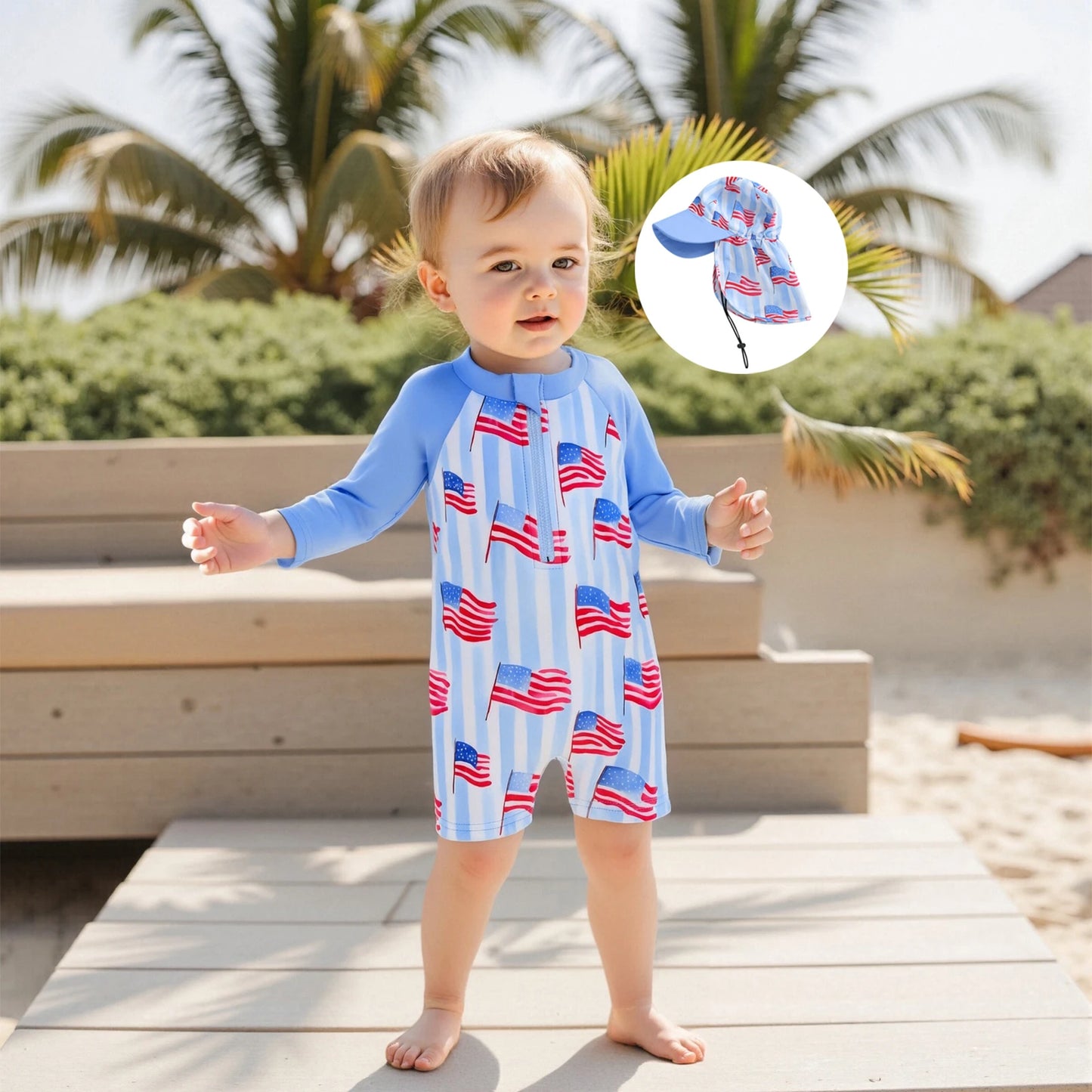 0-5Y Kids Boys Rash Guard Swimsuits Flag Print Long Sleeve Zip Up Bathing Suit with Neck Flap Sun Cap