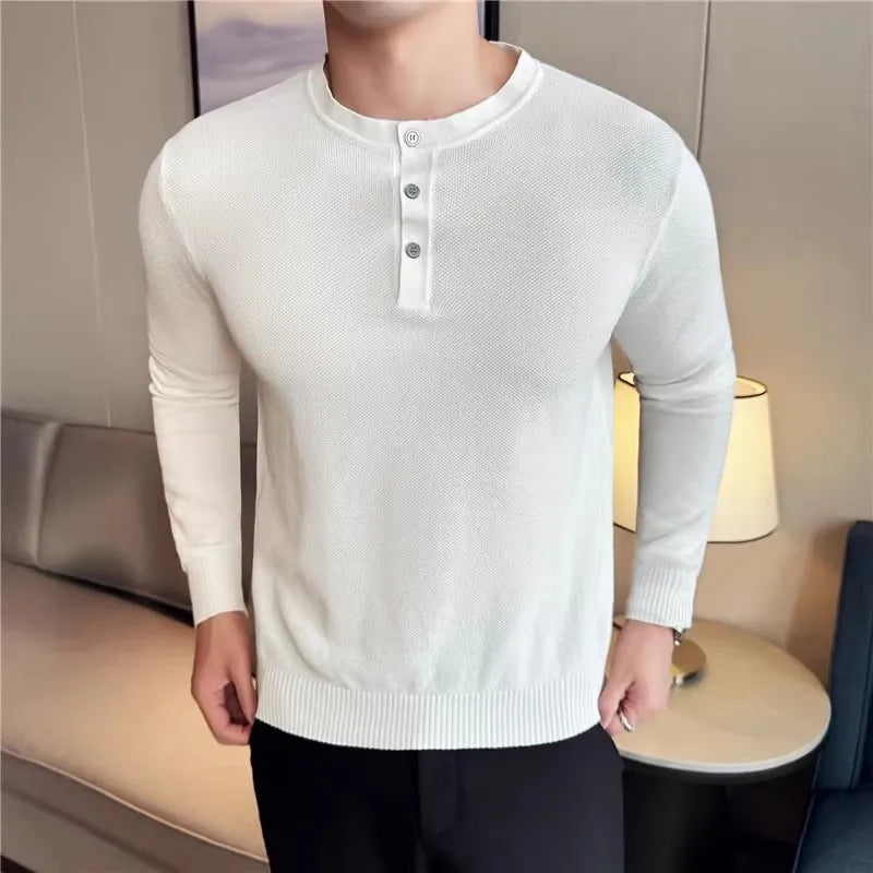 Men's Autumn Winter Henry Collar Slim Fit Knit Pullover Cotton Long Sleeve Knitted Sweater