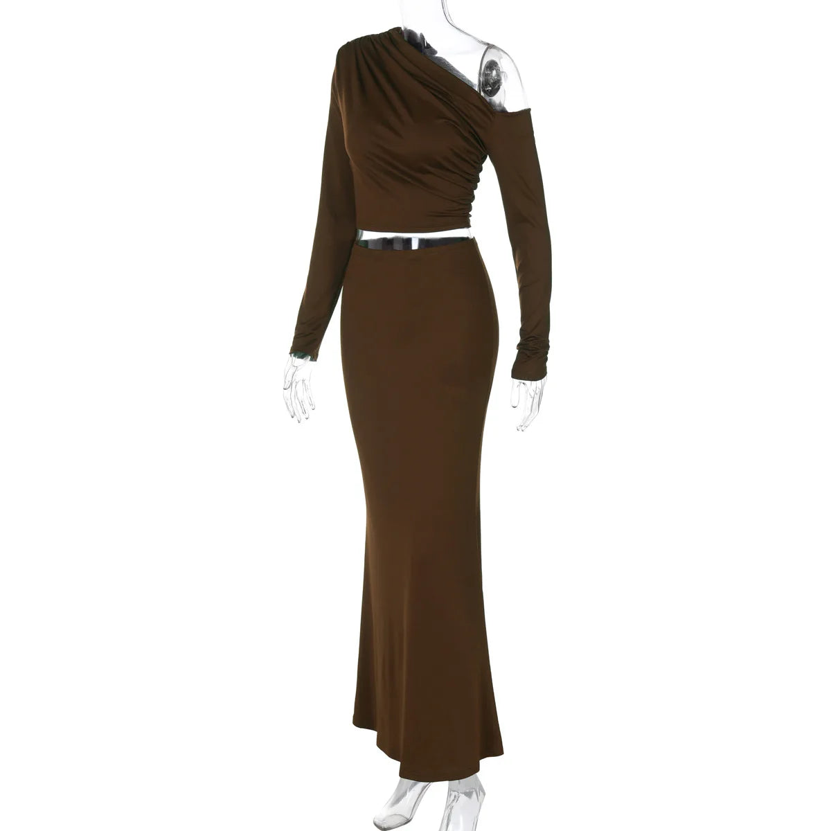 Women's Elegant Ruched 2 Piece Dress Set - Asymmetrical Top & Maxi Skirt