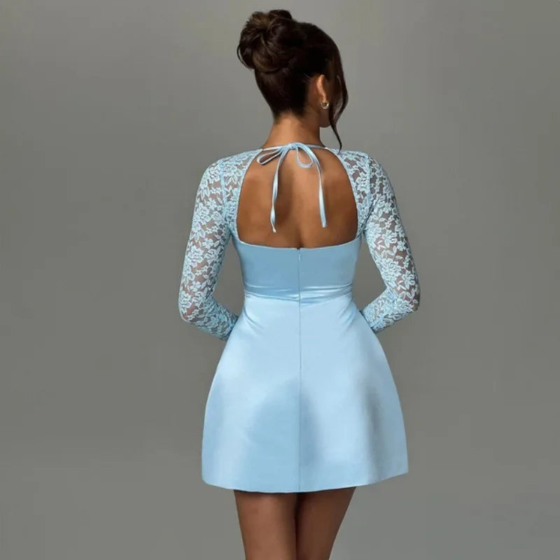 Women's Lace Long Sleeve Mini Square Collar Backless A-line High Waist Party Dress