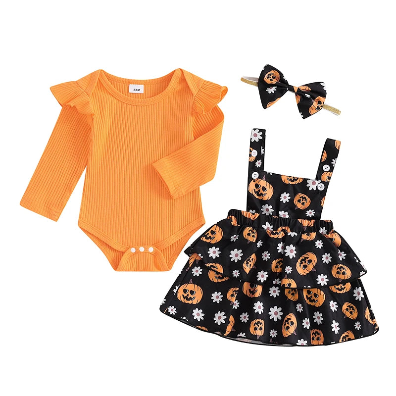 Baby Girl's Halloween Outfit Set - Ribbed Romper, Pumpkin Suspender Skirt & Bow Headband