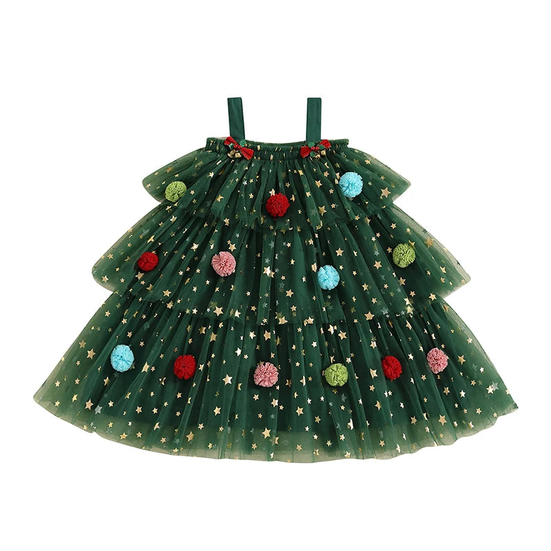 Girl's Festive Dress - Star Lace Layered Tulle Sundress with Plush Ball