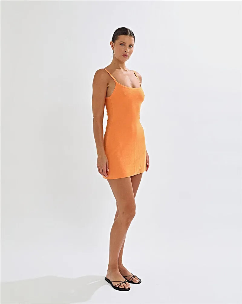 Women's Spaghetti Strap Print Knitwear Mini Robe Summer Sleeveless Backless Beach Dress