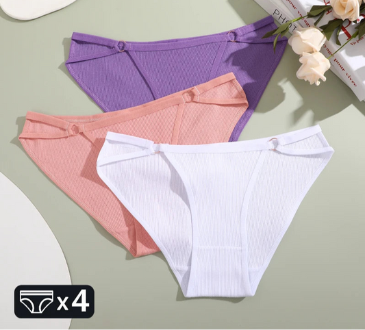 Women's 4Pcs/Set Cotton Double Belts Underwear Metal Ring Panties Low Waist Striped Briefs Breathable Lingerie