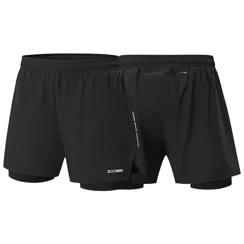 Men's Summer Swim Gym Sportswear 2 in 1 Compression Jogging Shorts Beach Casual Pants Double-deck Bottoms with Zipper Pockets