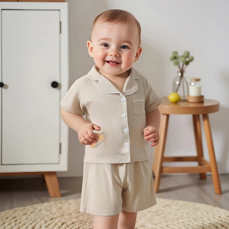 0-8Y Summer Toddler Kids Boys Girls Pyjamas Clothes Set Solid Contrast Trim Lapel Short Sleeve Button Down Tops Shorts