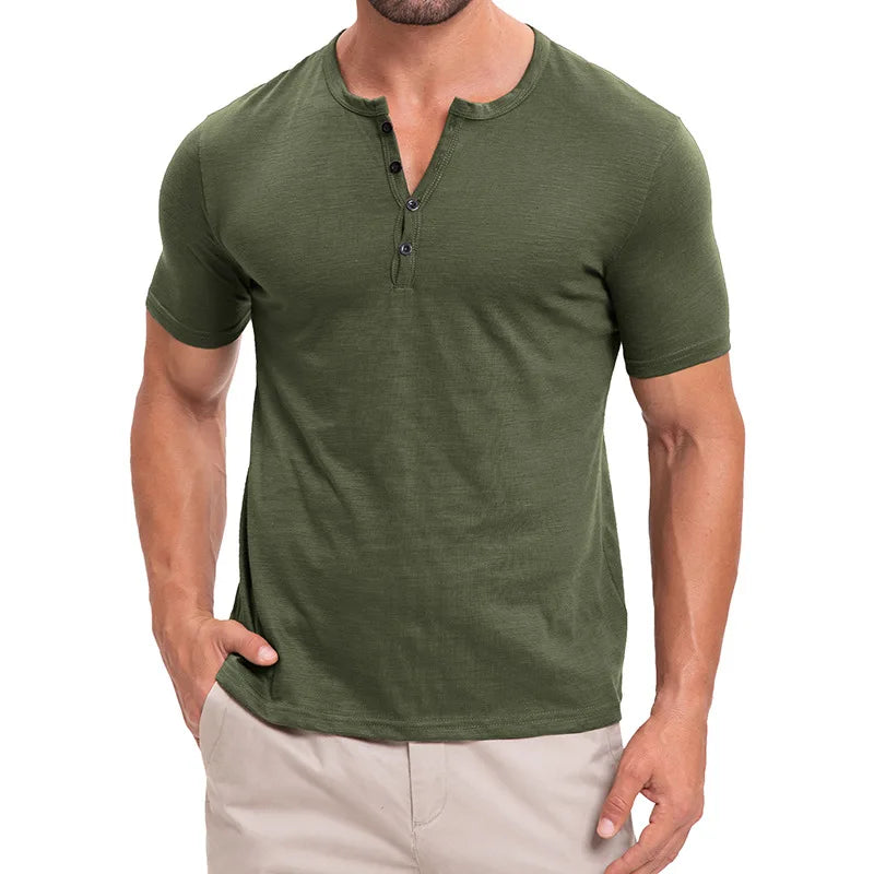 Men's Summer Henry Collar Short Sleeve Casual Pullover T-Shirt