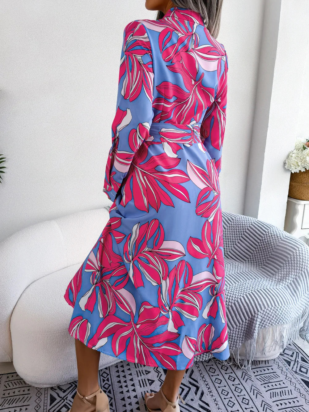 Women's Spring Summer Contrast Floral Polo Collar Lace Up Shirt Single Breasted Long Dress