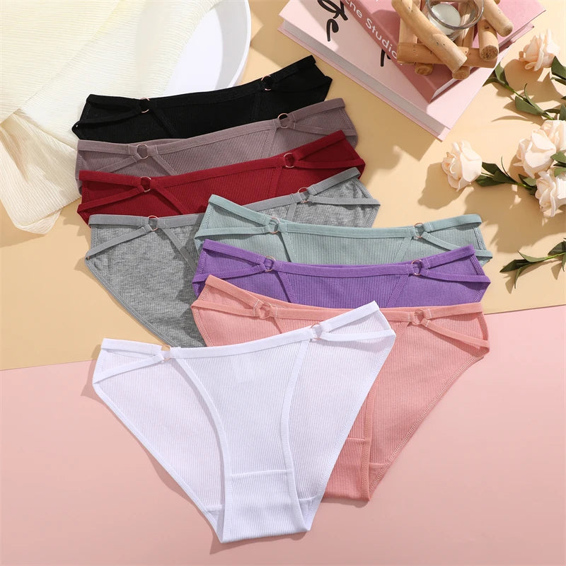 Women's 4Pcs/Set Cotton Double Belts Underwear Metal Ring Panties Low Waist Striped Briefs Breathable Lingerie