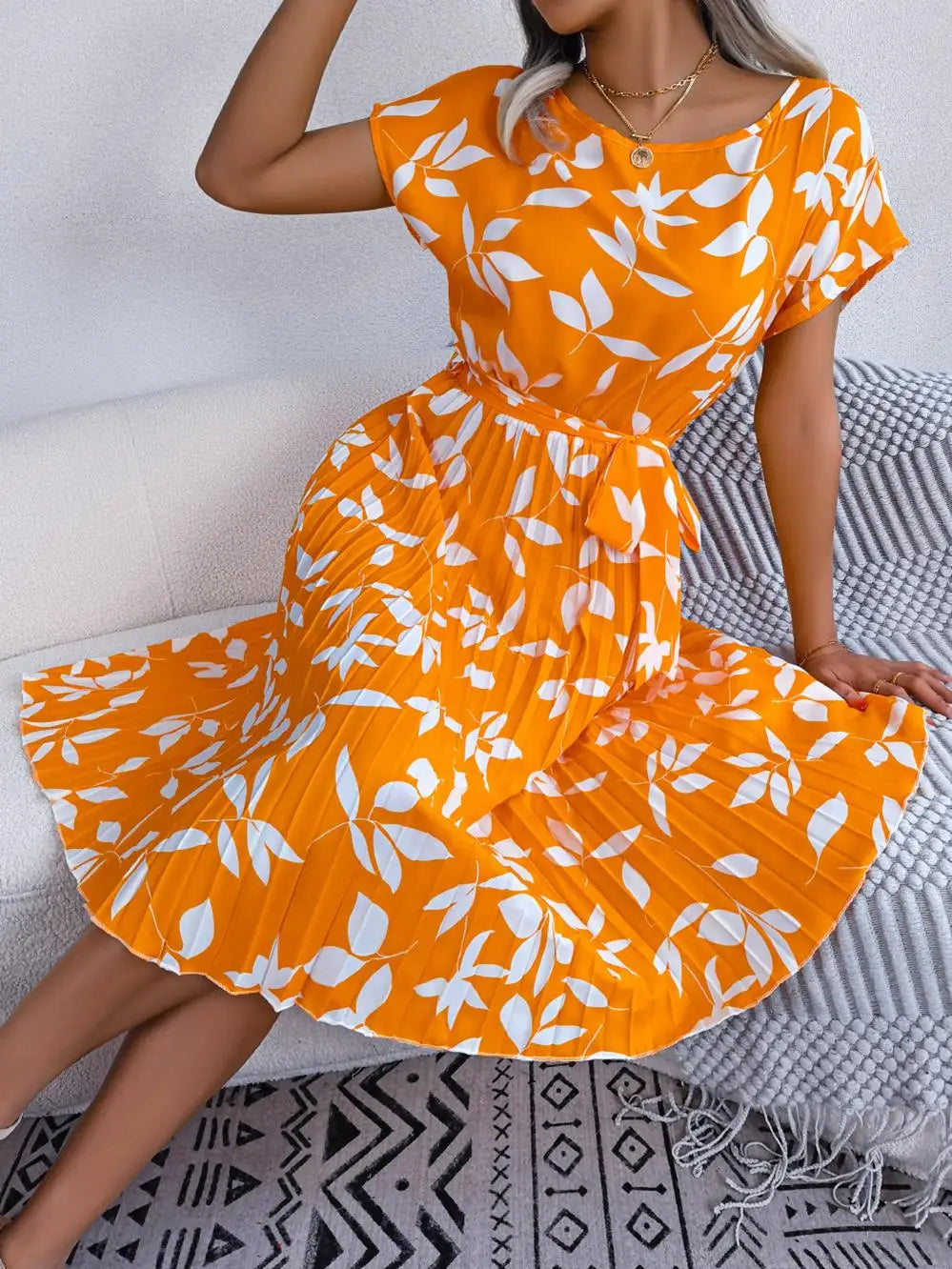 Women's Floral Pleated A Line Long Spring Summer Short Sleeve High Waist Chic Dress