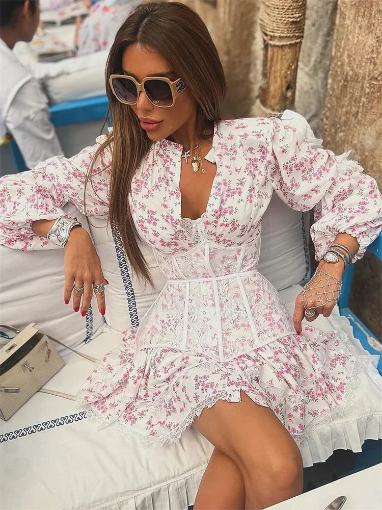Women's V-Neck Printed Mini Lace Ruffled High Waist Long Sleeve Splice Contrast Slim Fit Bandage Dress