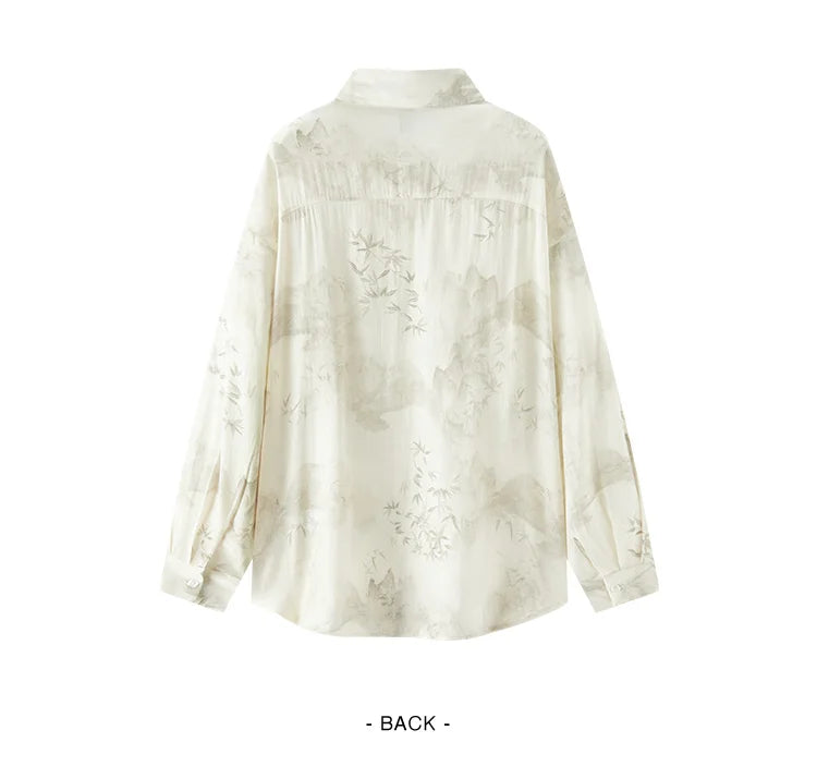 Women's Long Sleeve Oversized Shirt - Mid-Length Relaxed Fit with Artistic Ink Print