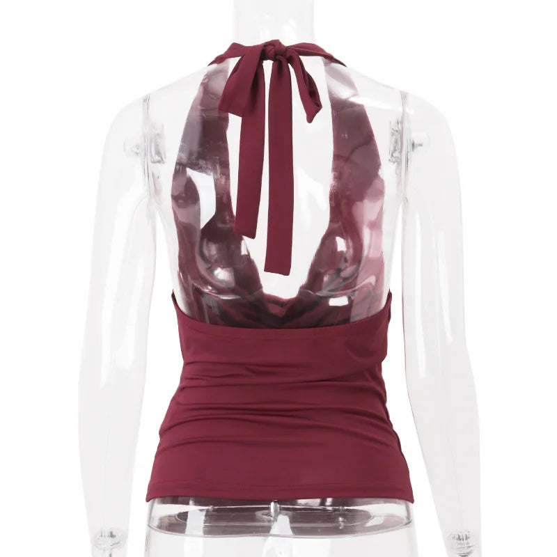 Women's Embellished Ruched Draped Halter Top - Deep V-Neck Cropped Club Top