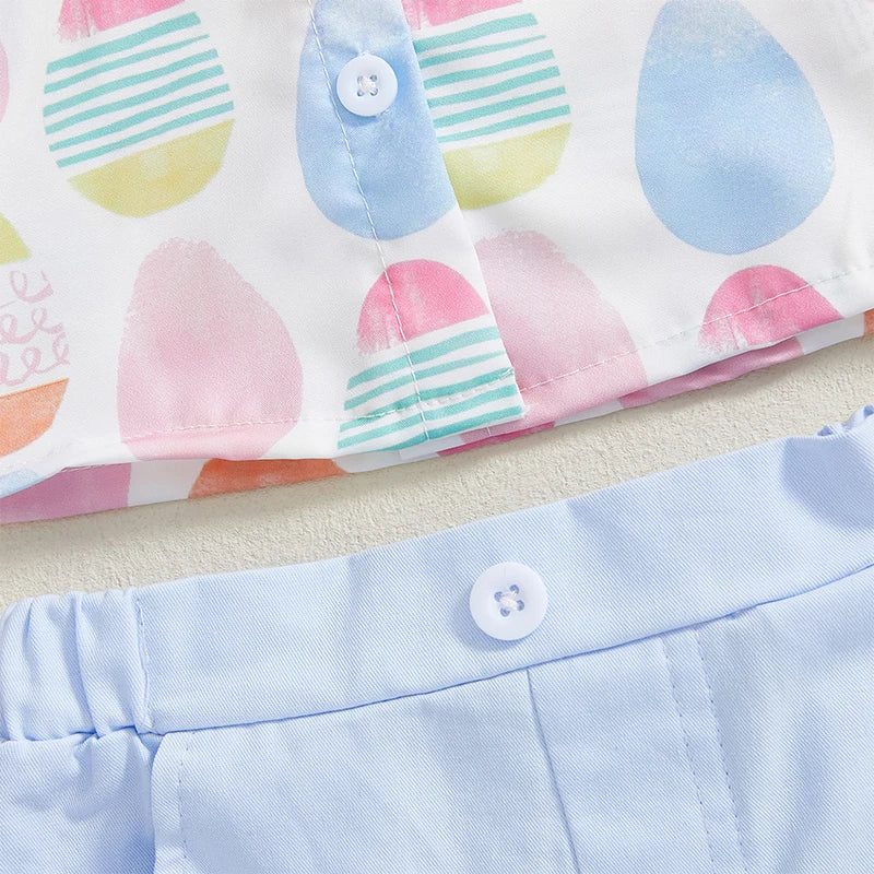 0-4Y Kids Boys Easter Gentleman Clothes Set Egg Print Short Sleeve Button-up Bow Tie Shirt with Elastic Shorts
