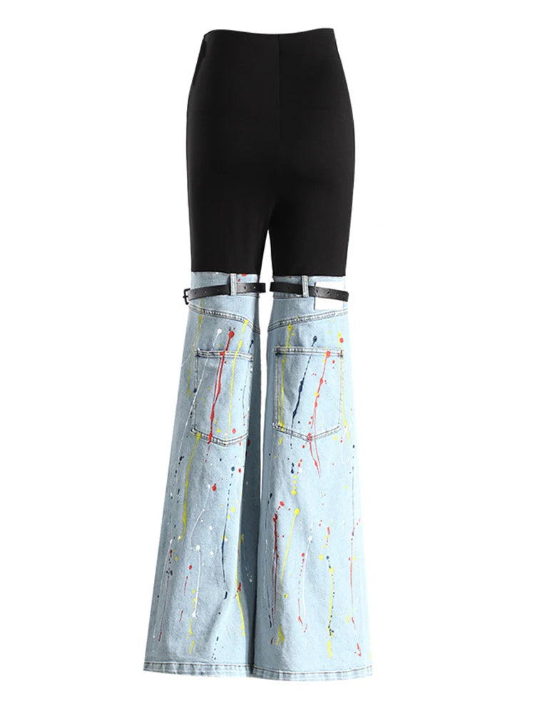 Women's Hit Colour Temperament Spliced Belt Denim Trousers