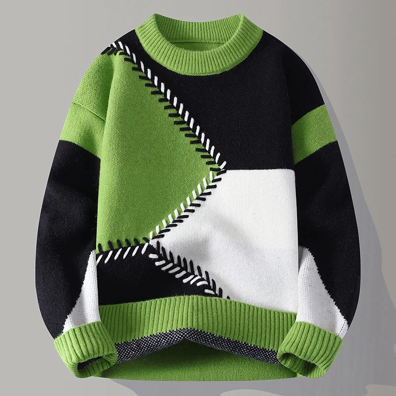 Men's Autumn Winter Patchwork O-Neck Knit Sweater - Casual Warm Pullover