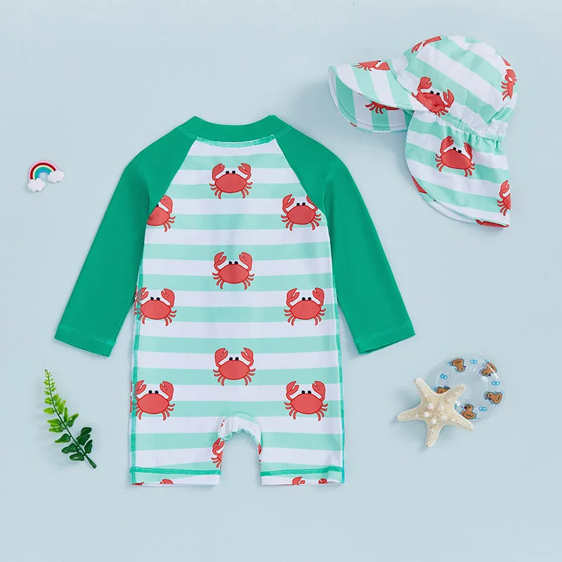 0-4Y Toddler Kids Boys Swimwear Summer Crab Stripe Print Zipper Rash Guard Swimsuit and Hat Beachwear