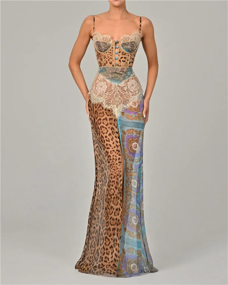Women's Leopard Print Lace Split Maxi Gown Elegant Patchwork Chiffon Sleeveless Backless Beach Evening Dress