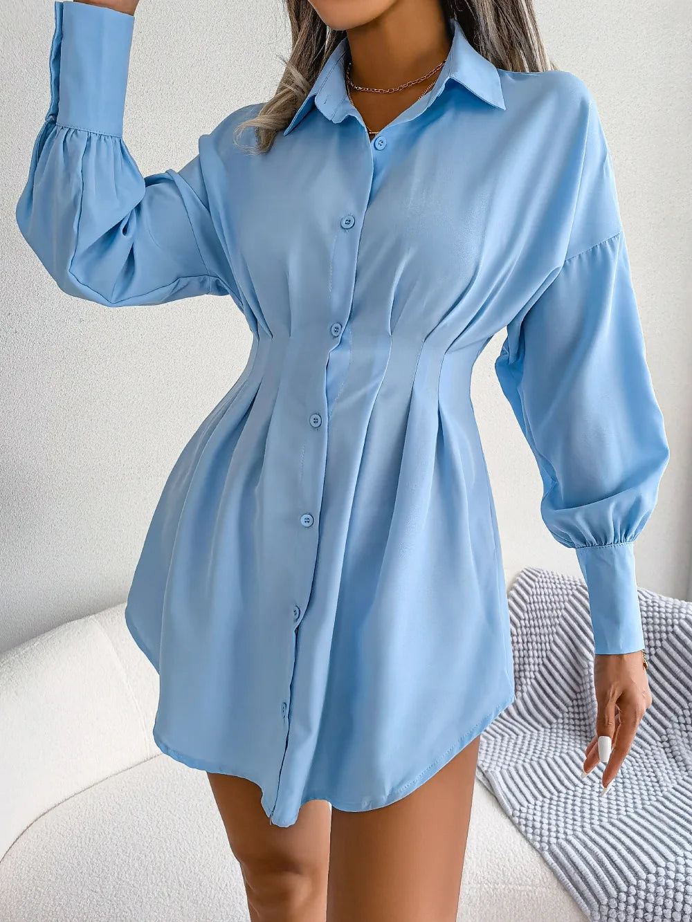Women's Autumn Winter Casual Lantern Sleeve High Waist Asymmetric Dress Shirt Dress
