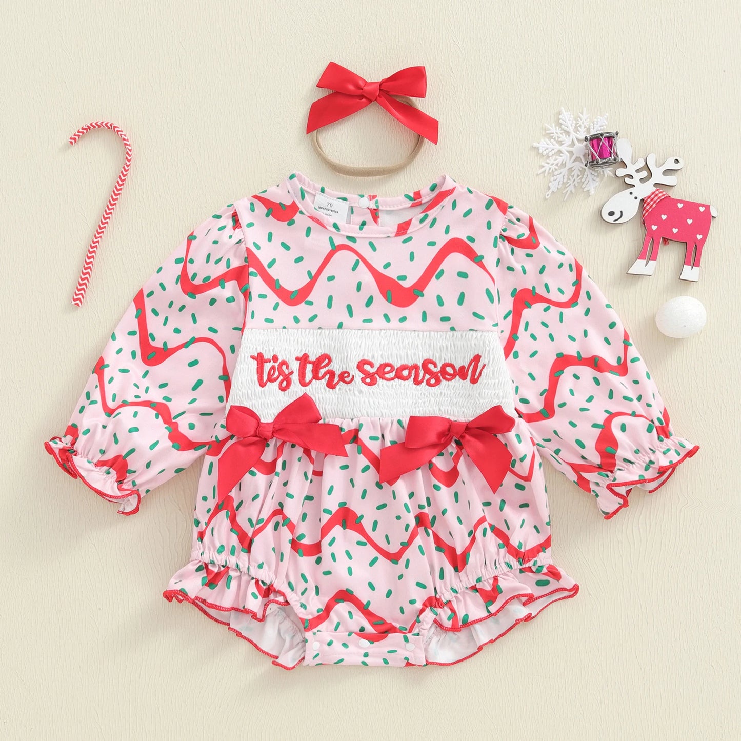 Baby Girls Christmas Romper Set - Letter Embroidery with Bow Headband
